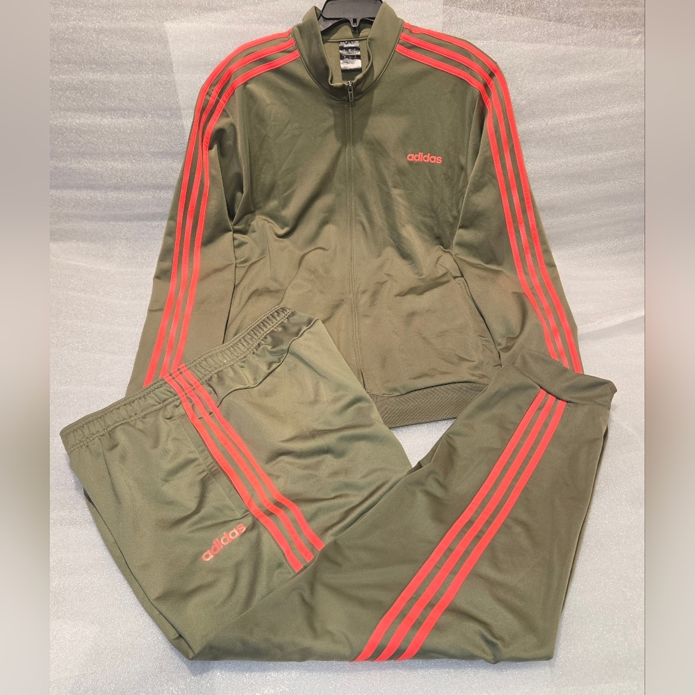 Mens Adidas Olive Green Tracksuit Jacket and Pants with Red Stripes Size 2XL